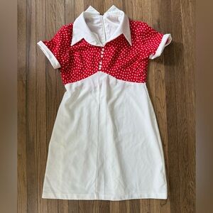 1960s VINTAGE DAGGER COLLAR RED & WHITE POLKA DOT DRESS LARGE